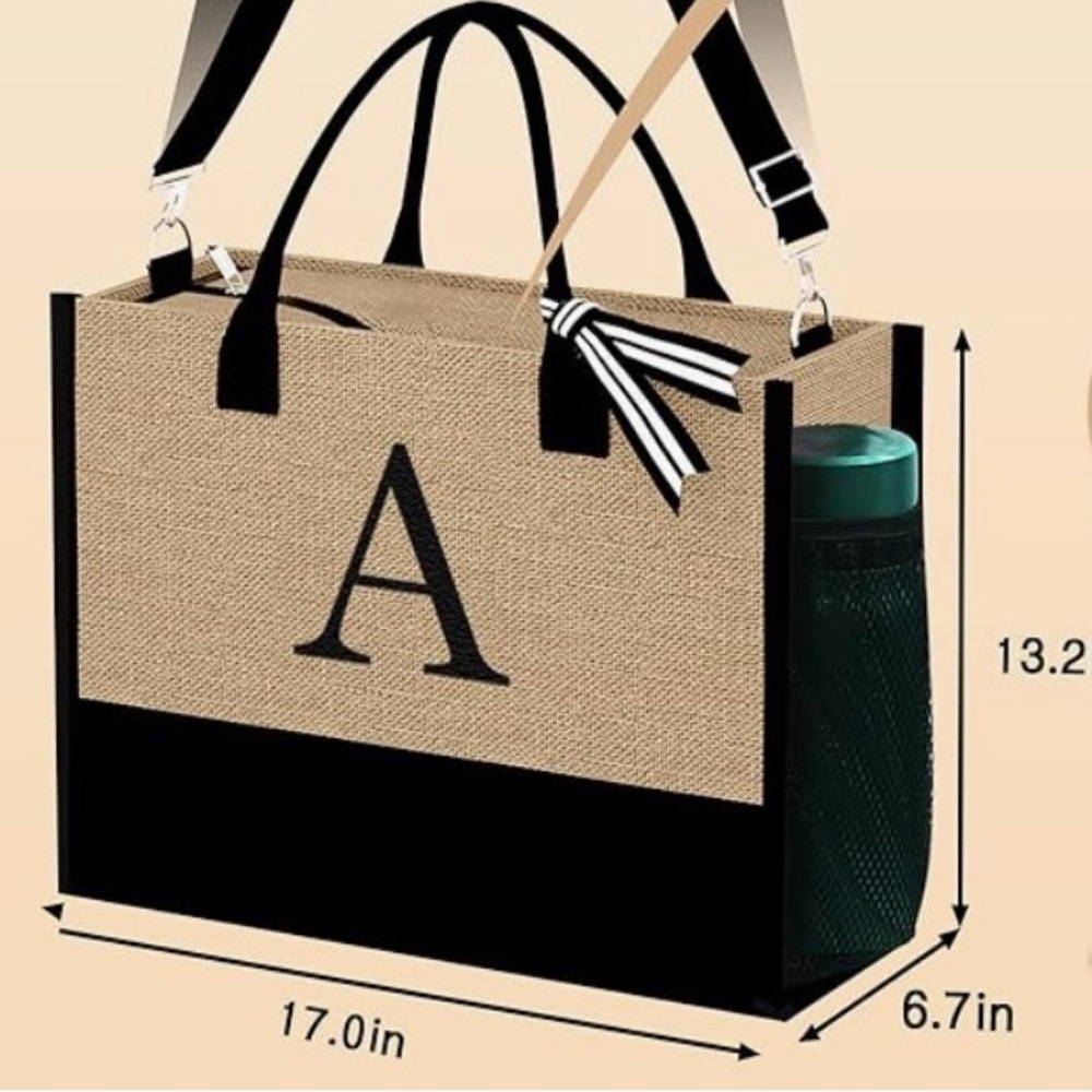 NWOT Jute Tote Bag 3 piece Set with Black Accent Letter J - Picture 10 of 11